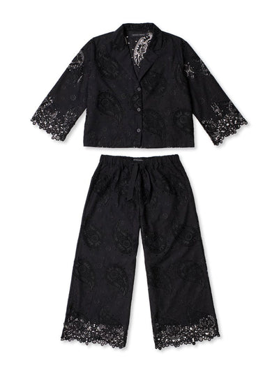 Desmond & Dempsey Black broderie anglaise boxy shirt and wide-leg trouser set at Collagerie