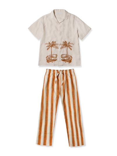 Desmond & Dempsey Men’s cuban long sleeve and trouser pyjama set croc/feluka cream/bronze linen at Collagerie