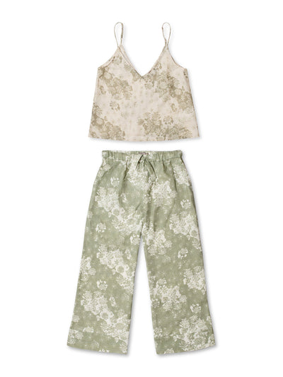 Desmond & Dempsey Flowers Of Time print sage green linen cami & wide leg set at Collagerie