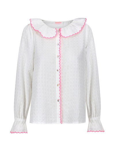 Smock London De beauvoir blouse barley twist white cotton with barbilicious embroidery at Collagerie