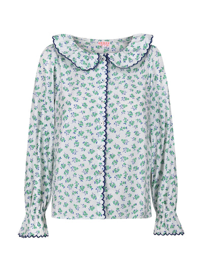 Smock London De beauvoir blouse green daisy with indigo embroidery at Collagerie
