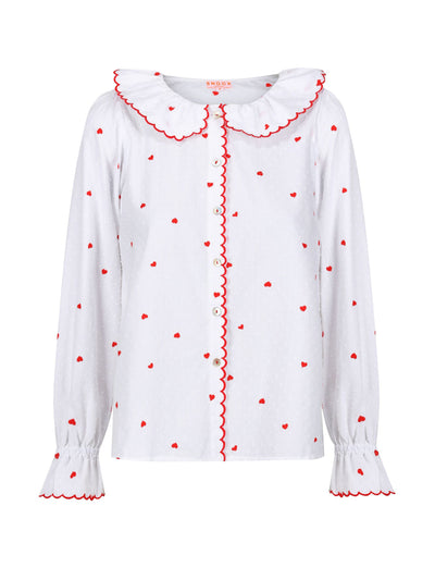 Smock London De beauvoir blouse love is in the air plumetti with big love embroidery at Collagerie