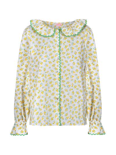 Smock London De beauvoir blouse yellow daisy with spring greens embroidery at Collagerie