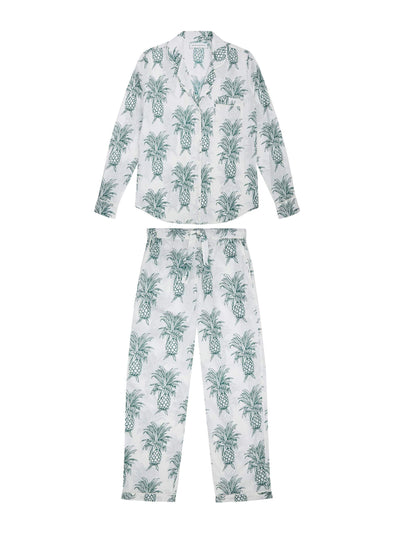 Desmond & Dempsey Long pyjama set howie pineapple print in white and green at Collagerie