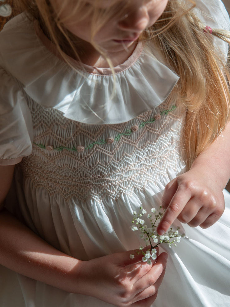 Diana special occasion dress with seashell hand smocking