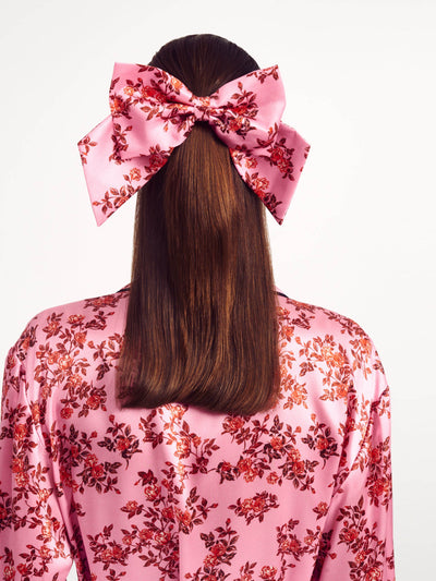 Emilia Wickstead Red rose floral print pink silk satin Mayfair bow at Collagerie