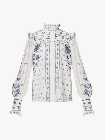 Erdem White Ophelia vine print blouse with ruffle detail at Collagerie