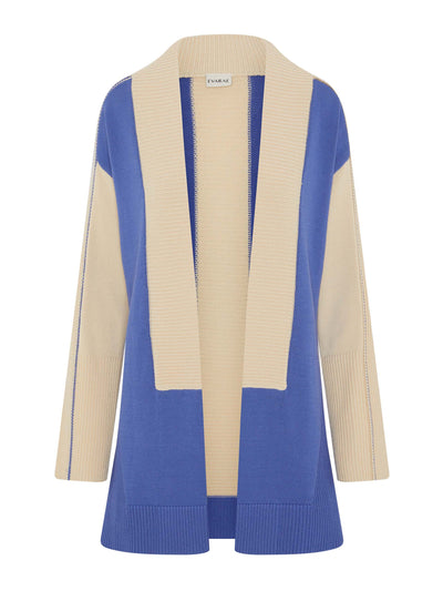 Evarae Faye knitted cardigan in lustre blue and ivory at Collagerie