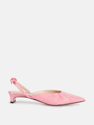 Emilia Wickstead Konna bow-back kitten heels in pink moire mikado at Collagerie