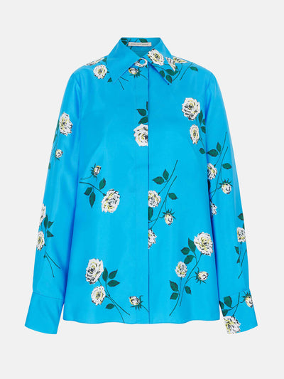 Emilia Wickstead Indu shirt in rose stem on electric blue silk twill at Collagerie