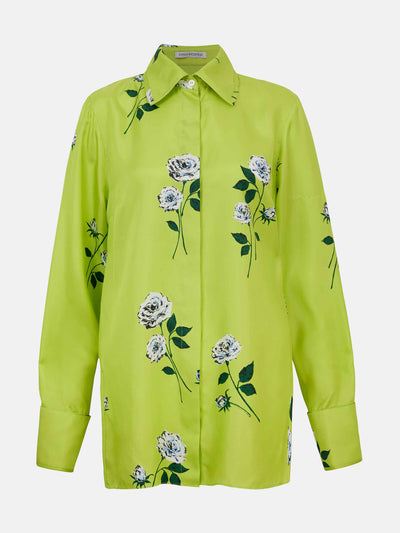 Emilia Wickstead Indu shirt in rose stem on lime silk twill at Collagerie