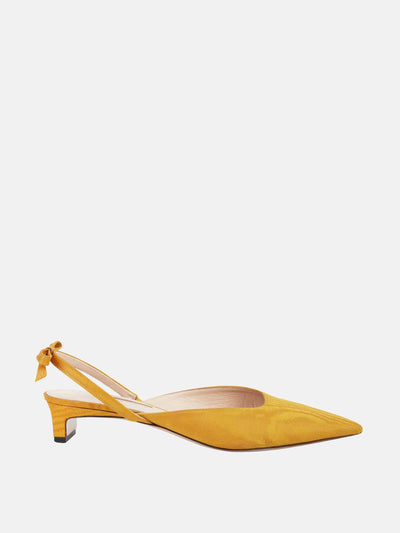 Emilia Wickstead Konna bow-back kitten heels in ochre moire mikado at Collagerie