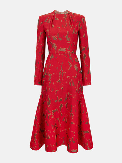 Emilia Wickstead Seneca dress in red and beige embellished wool at Collagerie