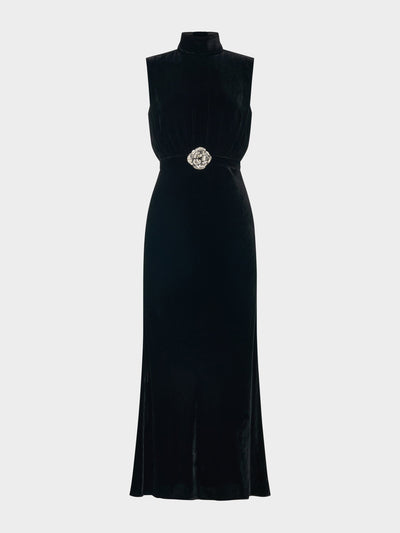 Saloni Black crystal rose Fleur velvet dress at Collagerie