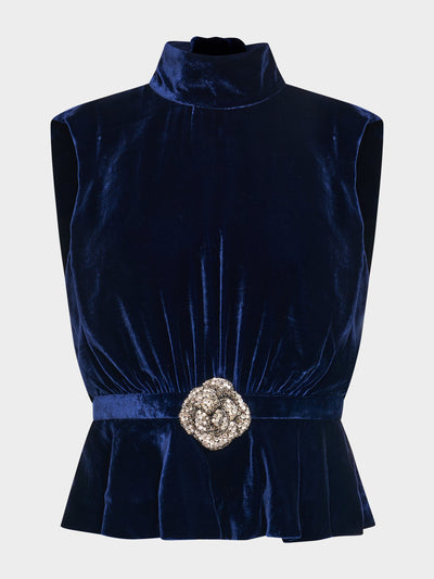 Saloni Navy crystalrose Fleur velvet top at Collagerie