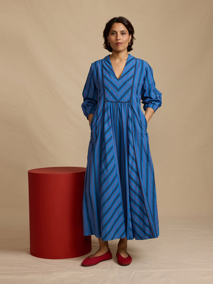 Blue handloom stripe Francess dress Dress Daydress    - Collagerie