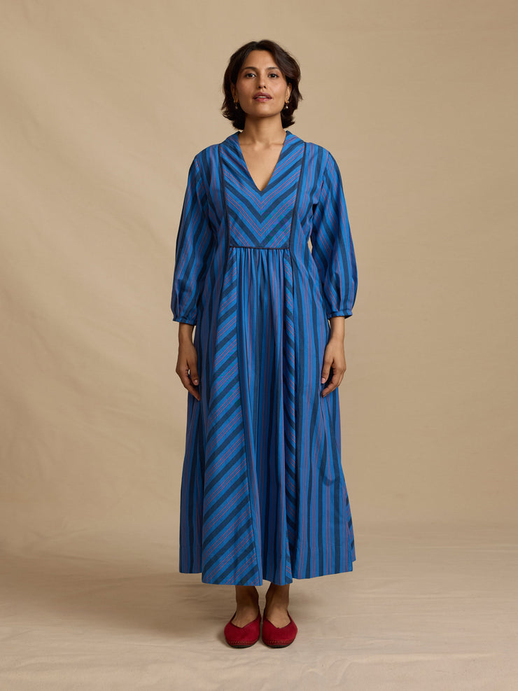 Blue handloom stripe Francess dress Dress Daydress    - Collagerie