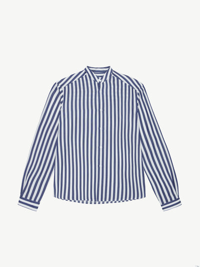 With Nothing Underneath The Girlfriend Collarless tencel, navy blue stripe shirt at Collagerie