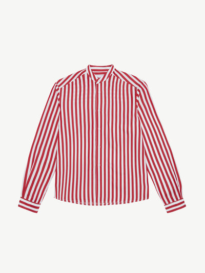 With Nothing Underneath The Girlfriend Collarless: tencel, maple red stripe shirt at Collagerie