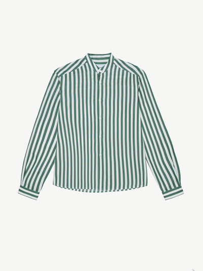 With Nothing Underneath The Girlfriend Collarless tencel, forest green stripe shirt at Collagerie