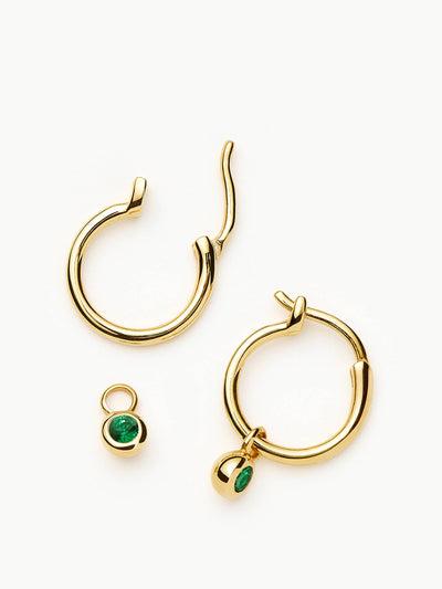 Missoma Tennis mini charm hoop earrings in gold vermeil and emerald green nano crystal at Collagerie