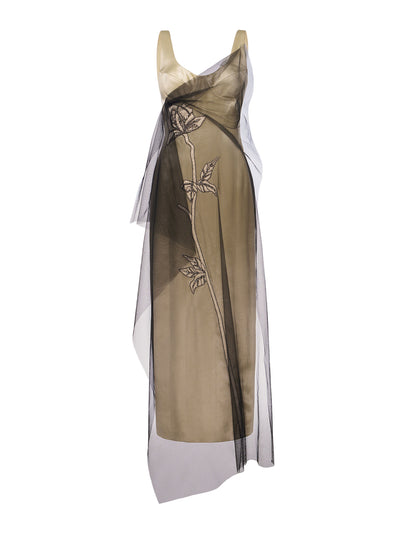 Huishan Zhang Blakely dress champagne satin and embellished tulle at Collagerie