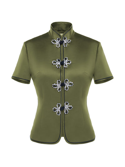 Huishan Zhang Olive green satin Danny top at Collagerie