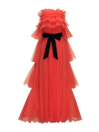 Huishan Zhang Icona bright coral pleated tulle gown at Collagerie