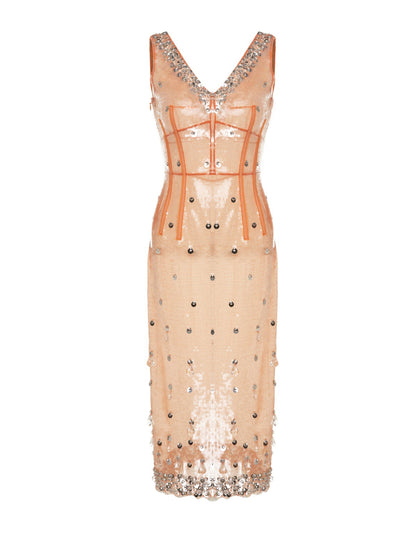 Huishan Zhang Farah embellished sequin apricot dress at Collagerie