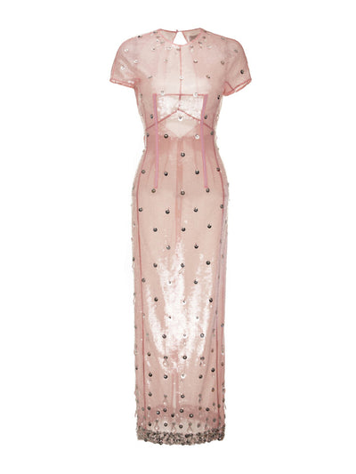 Huishan Zhang Oumaima pink quartz embellished sequin gown at Collagerie
