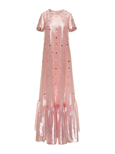 Huishan Zhang Michelle pink quartz embellished sequin gown at Collagerie