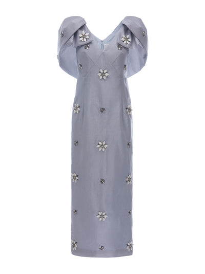 Huishan Zhang Pale blue embellished metallic taffeta Rosella dress at Collagerie