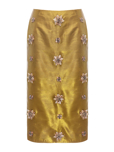 Huishan Zhang Gold embellished metallic taffeta Pati skirt at Collagerie