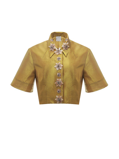 Huishan Zhang Gold embellished metallic taffeta Ninel jacket at Collagerie
