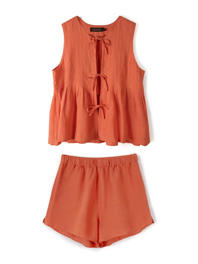 Desmond & Dempsey Pleated cami top and shorts set coral linen at Collagerie