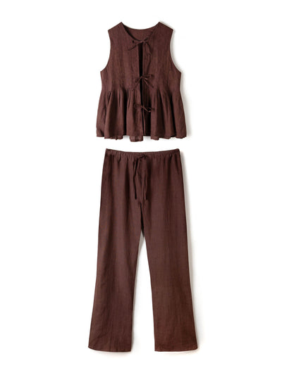 Desmond & Dempsey Pleated cami lounge set espresso linen at Collagerie