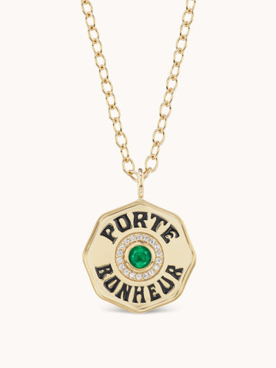 Marlo Laz Large Porte Bonheur necklace with emerald bezel at Collagerie