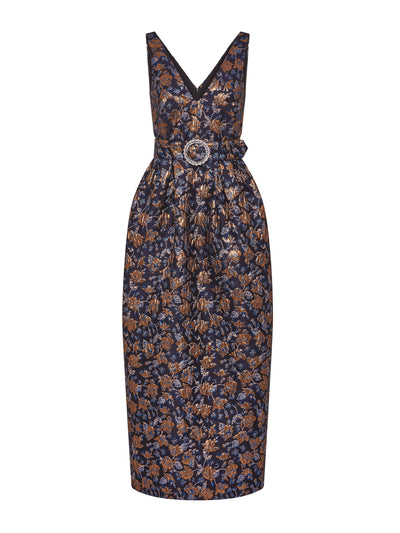 Borgo De Nor Navy and gold Jules floral jacquard midi dress at Collagerie