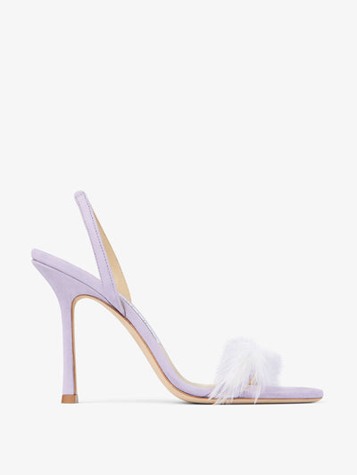 Jimmy Choo Lilac suede sandals with feather embellishment at Collagerie