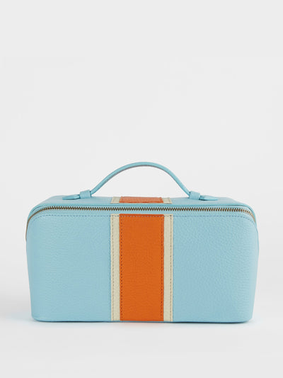 London Velvet The baby blue and orange washbag at Collagerie