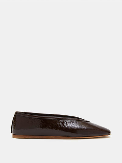 Le Monde Beryl Chocolate patent leather Luna slippers at Collagerie