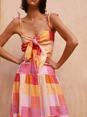 Bandeau Porto dress in hibiscus check