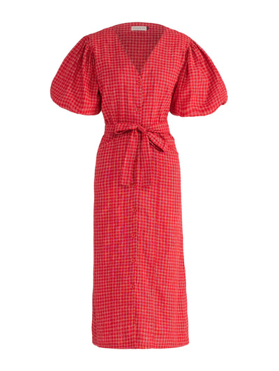 BrunnaCo Meghan gingham hemp midi dress in scarlet red at Collagerie