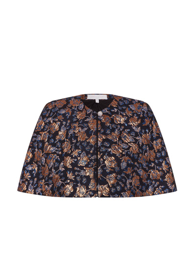 Borgo De Nor Navy and gold Merryn floral jacquard cape at Collagerie