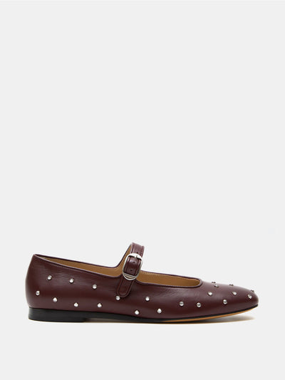 Le Monde Beryl Crystal studded oxblood  leather Mary Jane flats at Collagerie