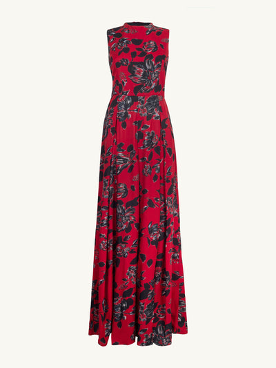 Emilia Wickstead Maduri jumpsuit in black floral print on red viscose twill at Collagerie