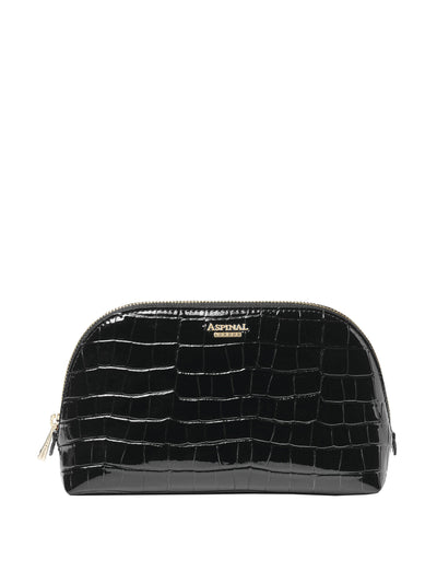 Aspinal Of London Classic makeup case in jet black embossed  patent croc at Collagerie