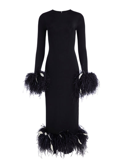 Markarian Black long sleeve Aretha midi dress with feather trim at Collagerie