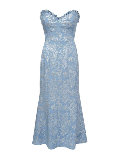 Markarian Odelina blue metallic floral strapless dress at Collagerie