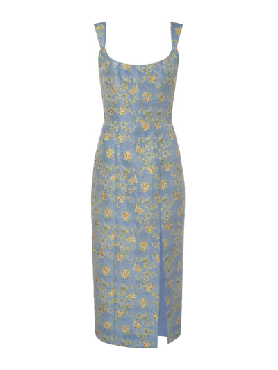 Markarian Claudette blue floral brocade corset dress at Collagerie